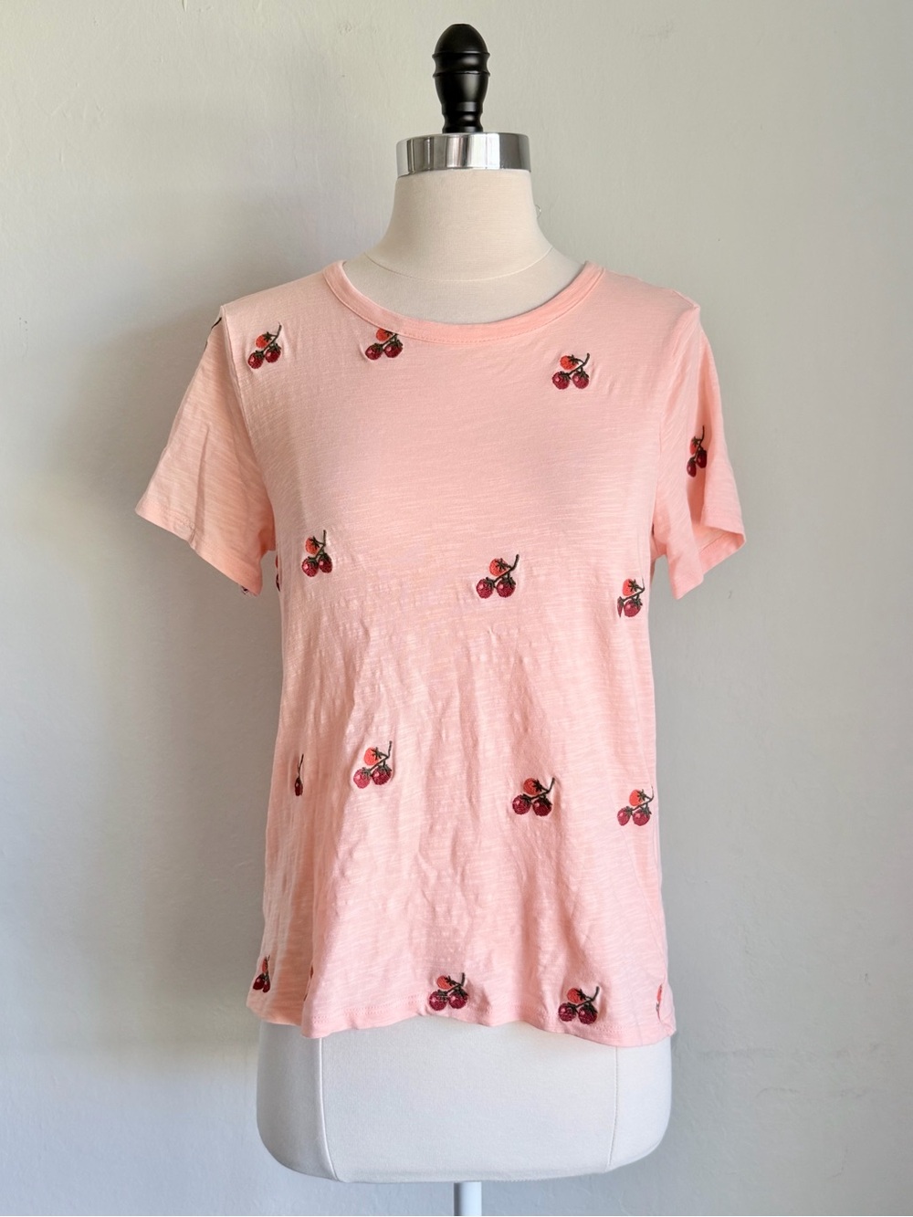 Lucky Brand Embroidered Tomato Slub Knit Short Sleeve Crewneck Tee, Pink, Sz S